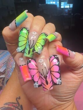 Butterfly Gradient Acrylic Nails — Neon Pink & Lime Green